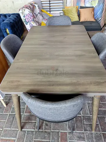 Wooden Dining Table with 4 Upholstered Chairs - Light Grey Finish