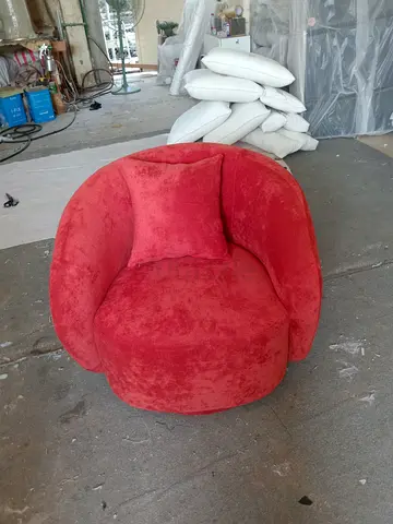 Red Plush Round Accent Armchair with Cushion