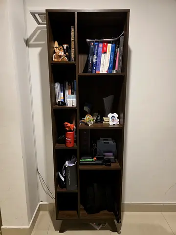 Slim tall bookcase / shelving unit - dark wood finish