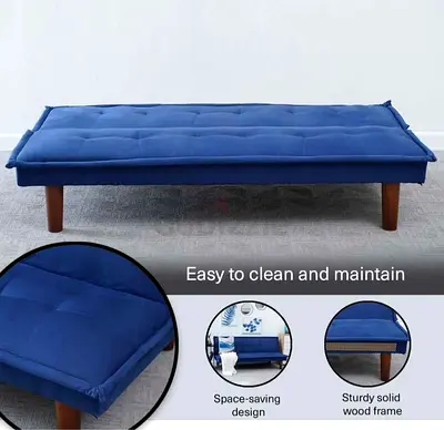 Blue Folding Daybed / Sofa Bed with Wooden Legs - Space Saving