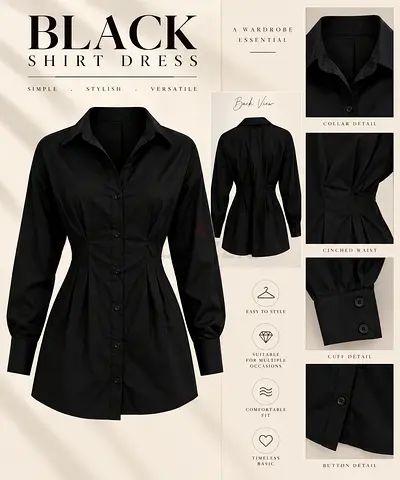Black Cinched Waist Shirt Dress – Mid-Thigh Length 🖤✨