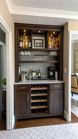 Built-in Dark Wood Home Bar Cabinet with Wine Storage and Display Shelves