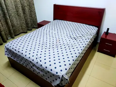 Wooden Double Bed with Headboard and 2 Nightstands - Good Condition