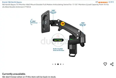 NB North Bayou TV Monitor Wall Mount Bracket Full Motion Articulating Swivel for 17-35" Monitors