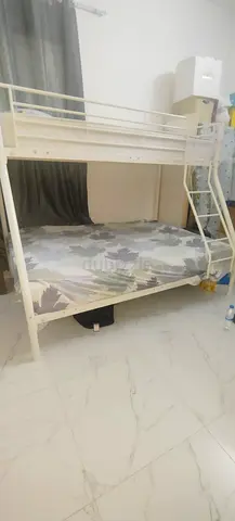 White Metal Bunk Bed with Ladder — Double Bottom, Single Top and mattress