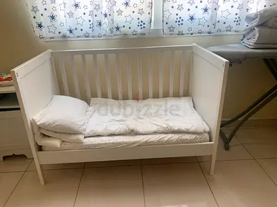 IKEA Sandvik Cot Bed + Mattress + Cot Linen (Bundle) - Good Condition