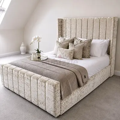 Velvet Upholstered Panel Bed Frame with High Headboard
