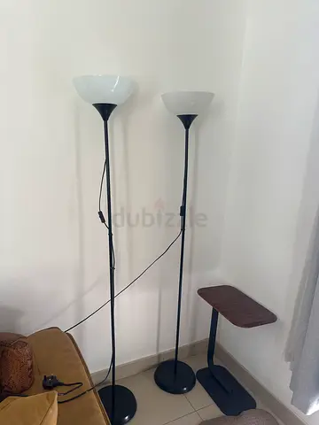 Pair of black torchiere floor lamps with white shades - good condition