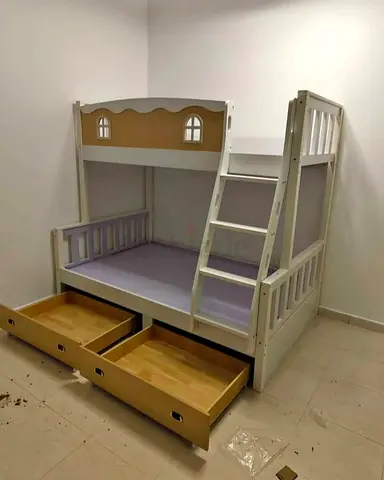 White Wooden Bunk Bed for Kids with Storage Drawers and Ladder