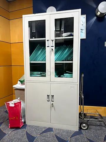 Metal Office Storage Cabinet with Glass Doors - Good Condition
