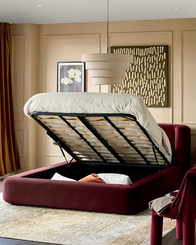Maroon velvet curved wings super king hydraulic thick bed
