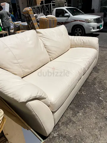 Cream Leather 3-Seater Sofa - Good Condition