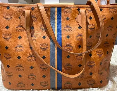 MCM Large Visetos Coated Canvas Tote Bag - Cognac with Blue Stripe