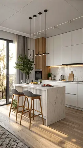 Modern White Kitchen Island with Marble Finish