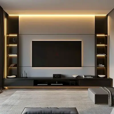 Modern built-in entertainment center with LED shelving and TV panel