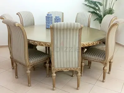 Danube Classic round dining table with 6 upholstered chairs - beige/gold