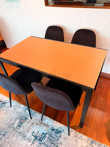 Wooden Dining Table with 4 Velvet Chairs - Good Condition