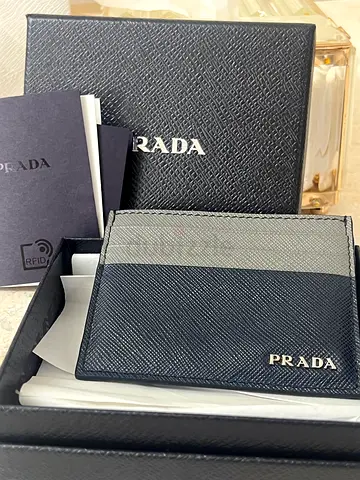 Prada Saffiano Leather Card Holder - Black/Grey