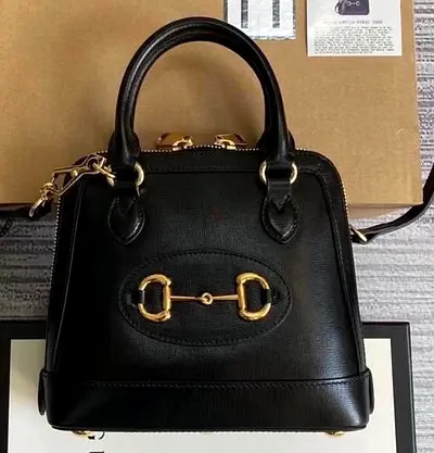 Black Structured Top Handle Bag with Gold-Tone Hardware