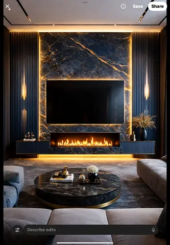 Modern marble TV wall panel with built-in fireplace and console