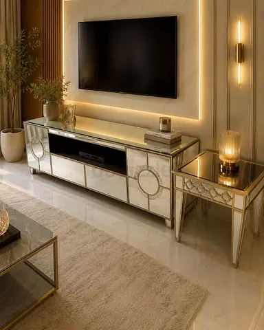 Mirrored TV Cabinet and Side Table - Elegant Living Room Set