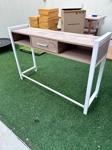 Small wooden office desk with metal frame and drawer - good condition