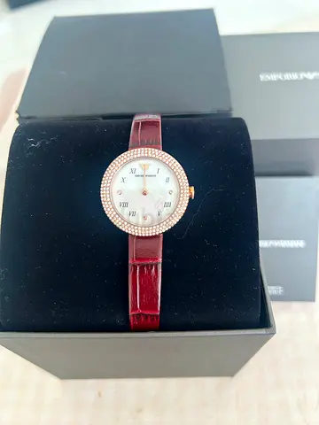 EMPORIO ARMANI Ladies Rose Gold Dial Watch with Burgundy Leather Strap