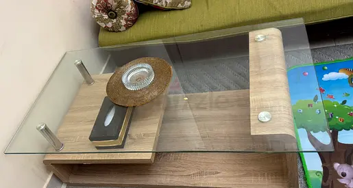 Glass Top Coffee Table with Wood Finish and Storage Shelf