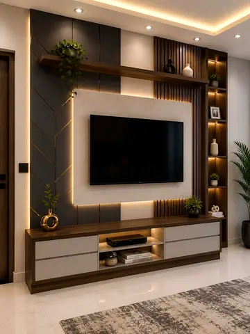 Modern wooden TV entertainment unit with shelving and LED lighting