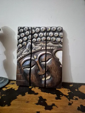 wooden three panel carved buddha