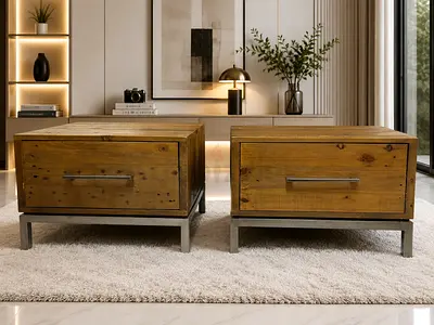 Pair of solid wood bedside tables / nightstands with metal base