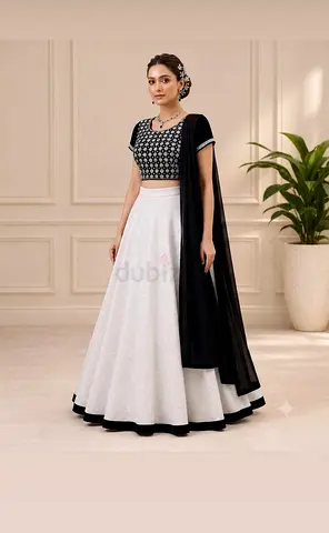 Brand New | eStunning Monochrome Designer Lehenga | Black & White Velvet-Trimmed Masterpiece