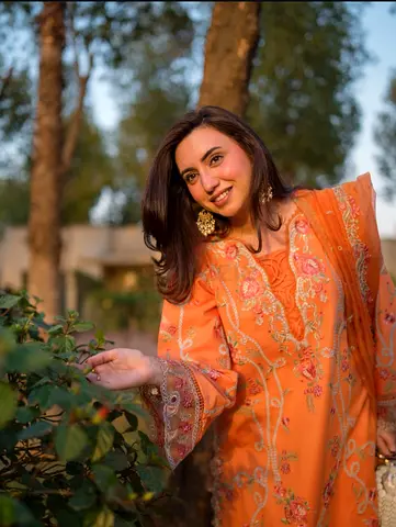 Aneelas luxury 3 piece fully embroidered Orange with khaadi net embroidered dupatta
