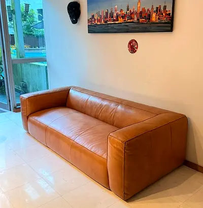 Genuine Leather 3-Seater Sofa - Tan, Modern Boxy Design