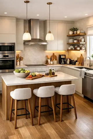 Modern kitchen island with 3 upholstered bar stools - light wood finish