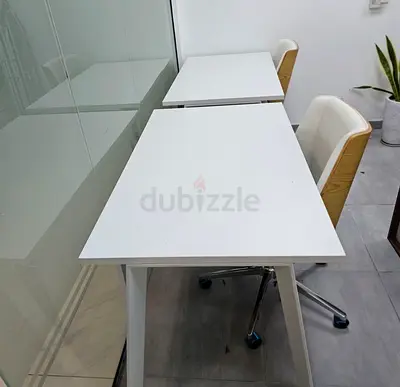 2 White Modern Office Desk with 2 white leather and wood chairs