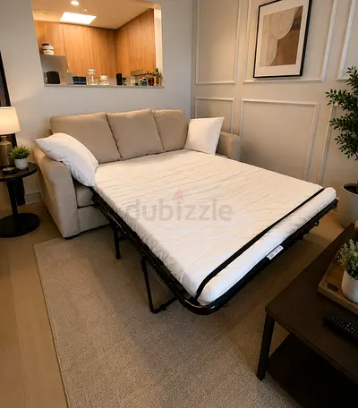 Beige 3-Seater Sofa Bed with Pull-Out Mattress - Good Condition