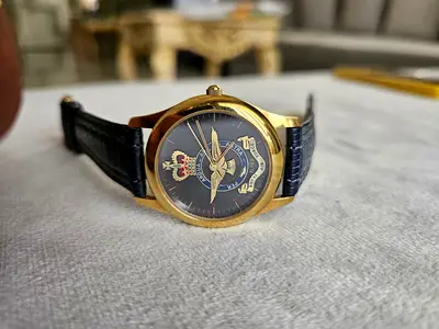 Gold-tone vintage men's wristwatch with black leather strap Alfex Royal watch air force spacial