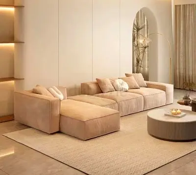 Light beige modular sectional sofa with chaise - comfortable family size