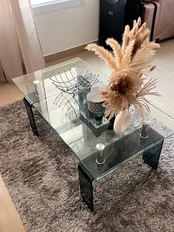 Glass Coffee Table with Curved Legs and Metal Accents (Almost New Like Condition)
