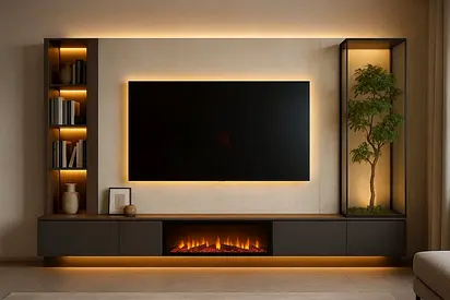 Modern built-in entertainment center with LED lighting and fireplace