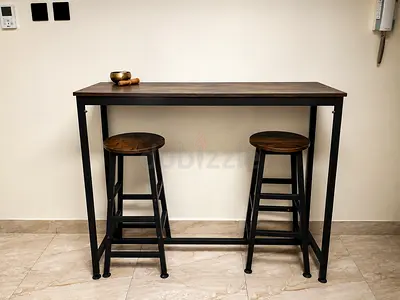 Industrial High Bar Table with 2 Wooden Stools - Solid Wood Top
