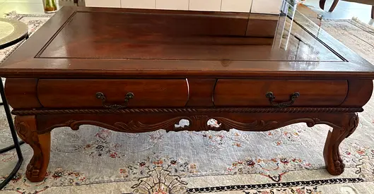 Solid Wood Carved Coffee Table with Drawers