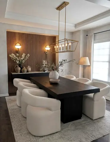 Solid Dark Wood Dining Table with 8 Cream Upholstered Chairs - Modern Set