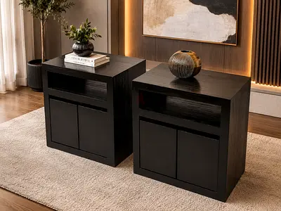 Crate and barrel Pair of Black Wooden Nightstands with Storage