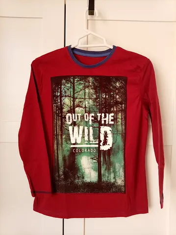 Red long-sleeve graphic tee 'Out of the Wild' - size M (10-12 years)