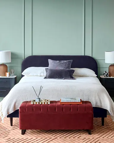 Black velvet queen bed with bed and storage box