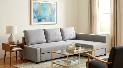 Light Grey L-Shaped Fabric Sofa bed with Chaise - Good Condition