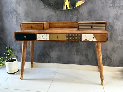 Vintage Wooden Study Table with Patchwork Drawers
