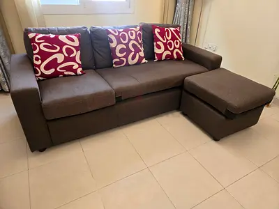 3-seater brown fabric sofa with ottoman - good condition